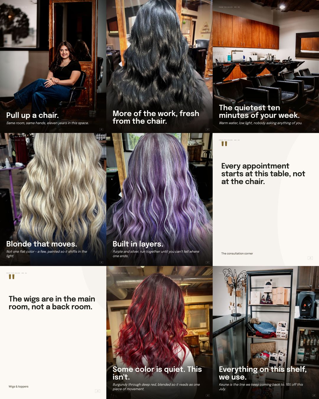 One chapter of the Julia Grace Salon Instagram grid - nine cells composed as a single canvas