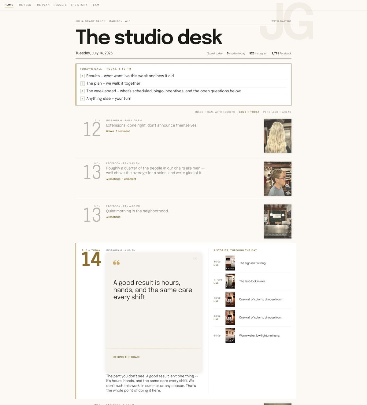 The Julia Grace Salon portal - a ledger of the week: what ran with its results, today in gold with the day's stories, the week pencilled ahead