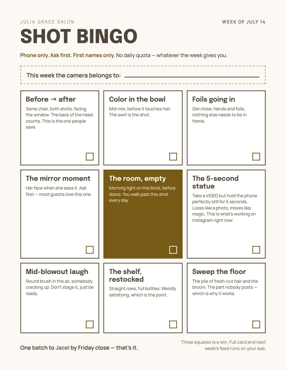 Shot Bingo - the printable nine-square photo card the team plays each week