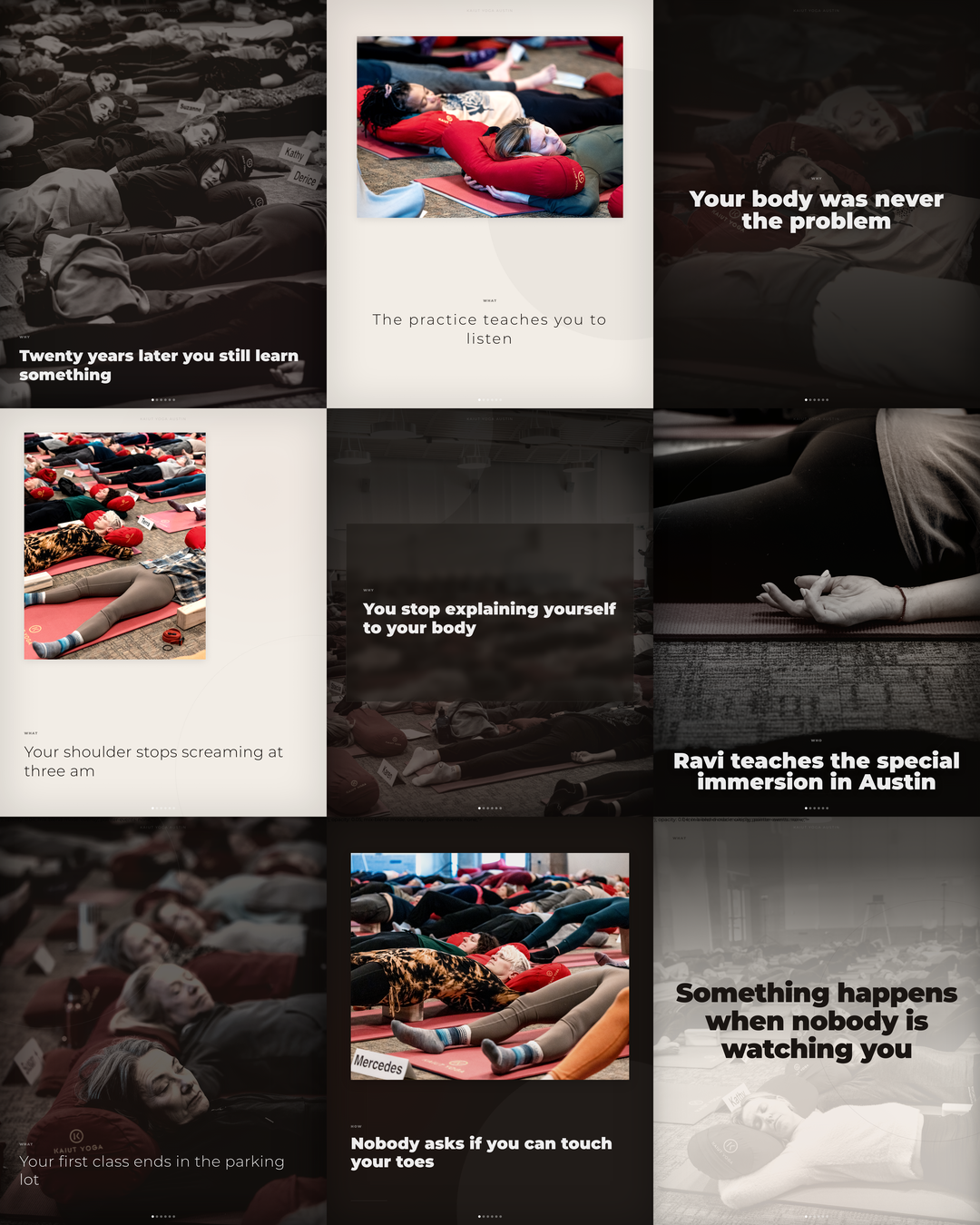 3x3 grid designed as one canvas — rows as chapters, narrative arc across headlines